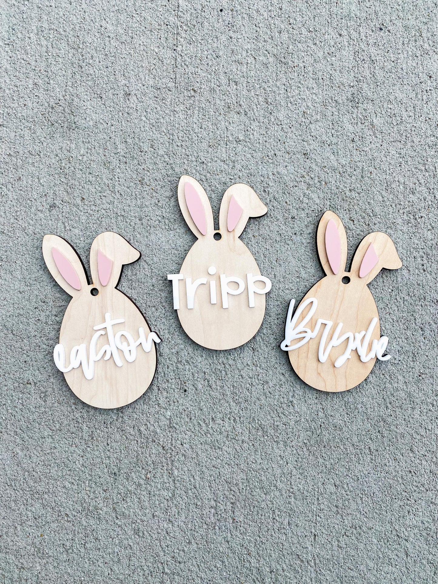 Personalized Easter bunny basket tag in maple wood with custom name for kids