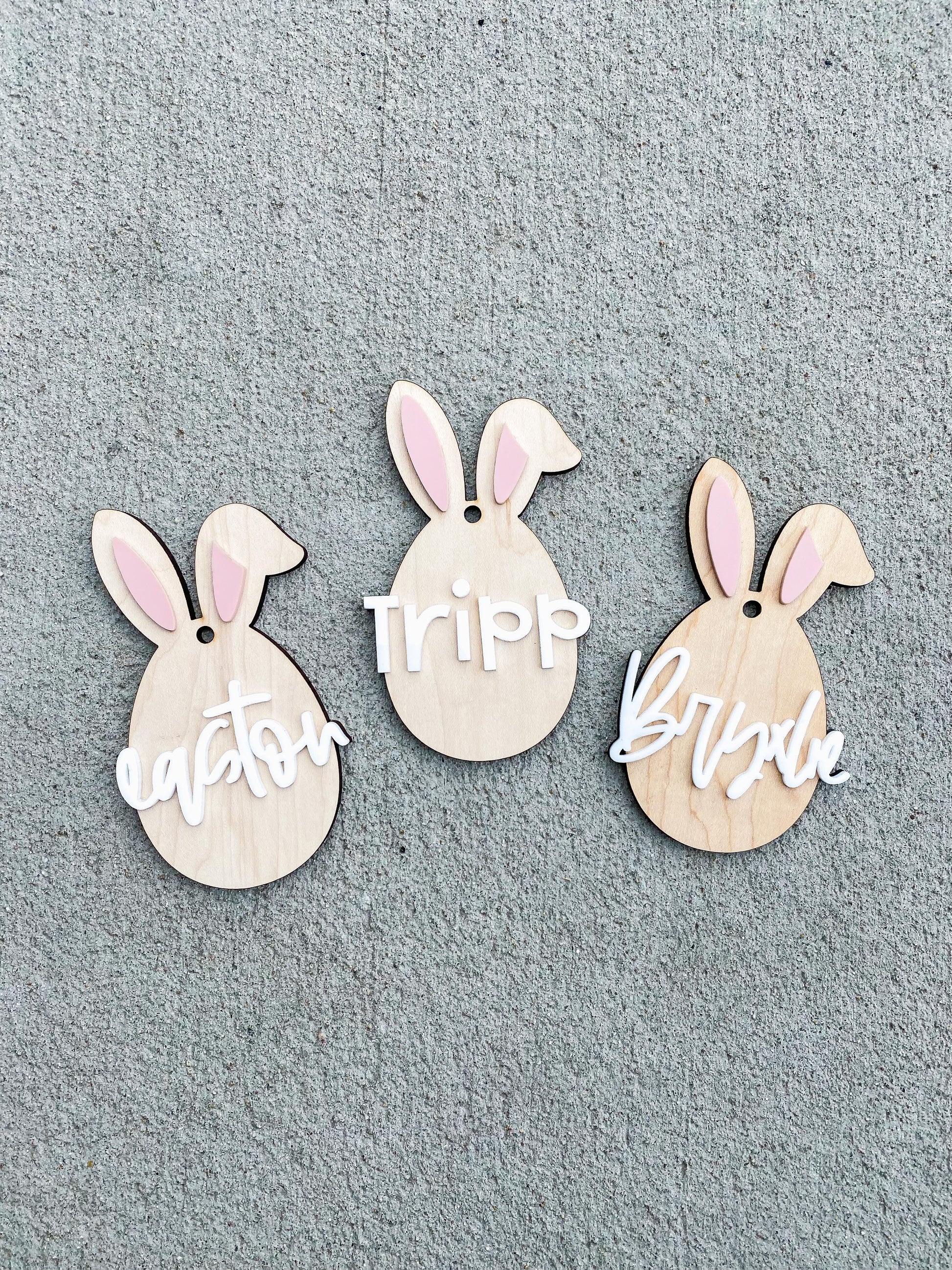 Personalized Easter bunny basket tag in maple wood with custom name for kids