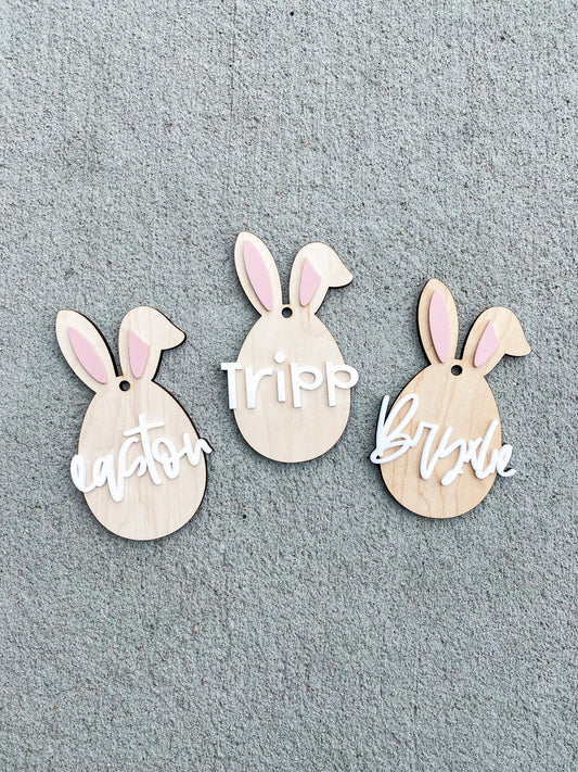 Personalized Easter bunny basket tag in maple wood with custom name for kids