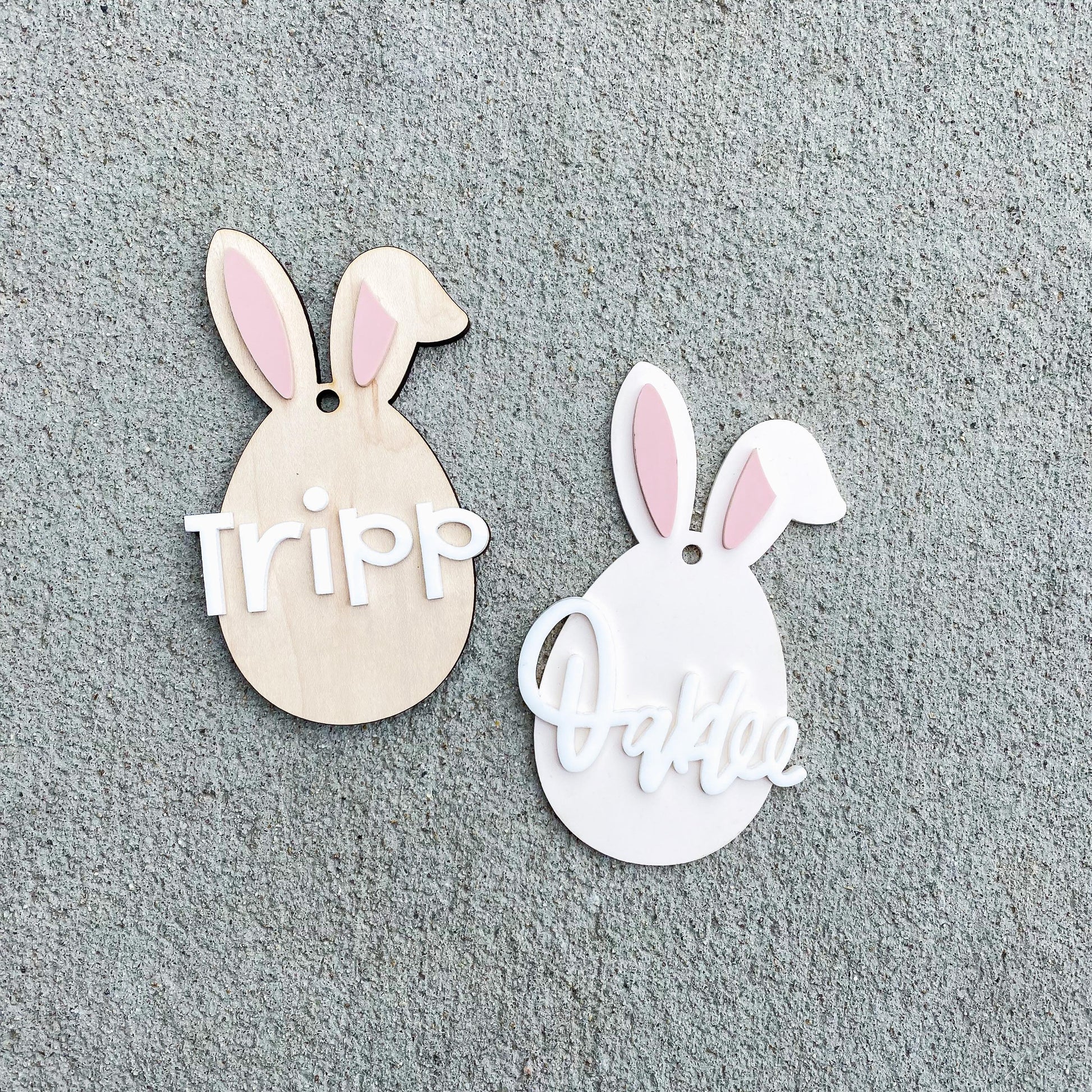 Easter bunny shaped maple wood basket name tag with engraved child's name