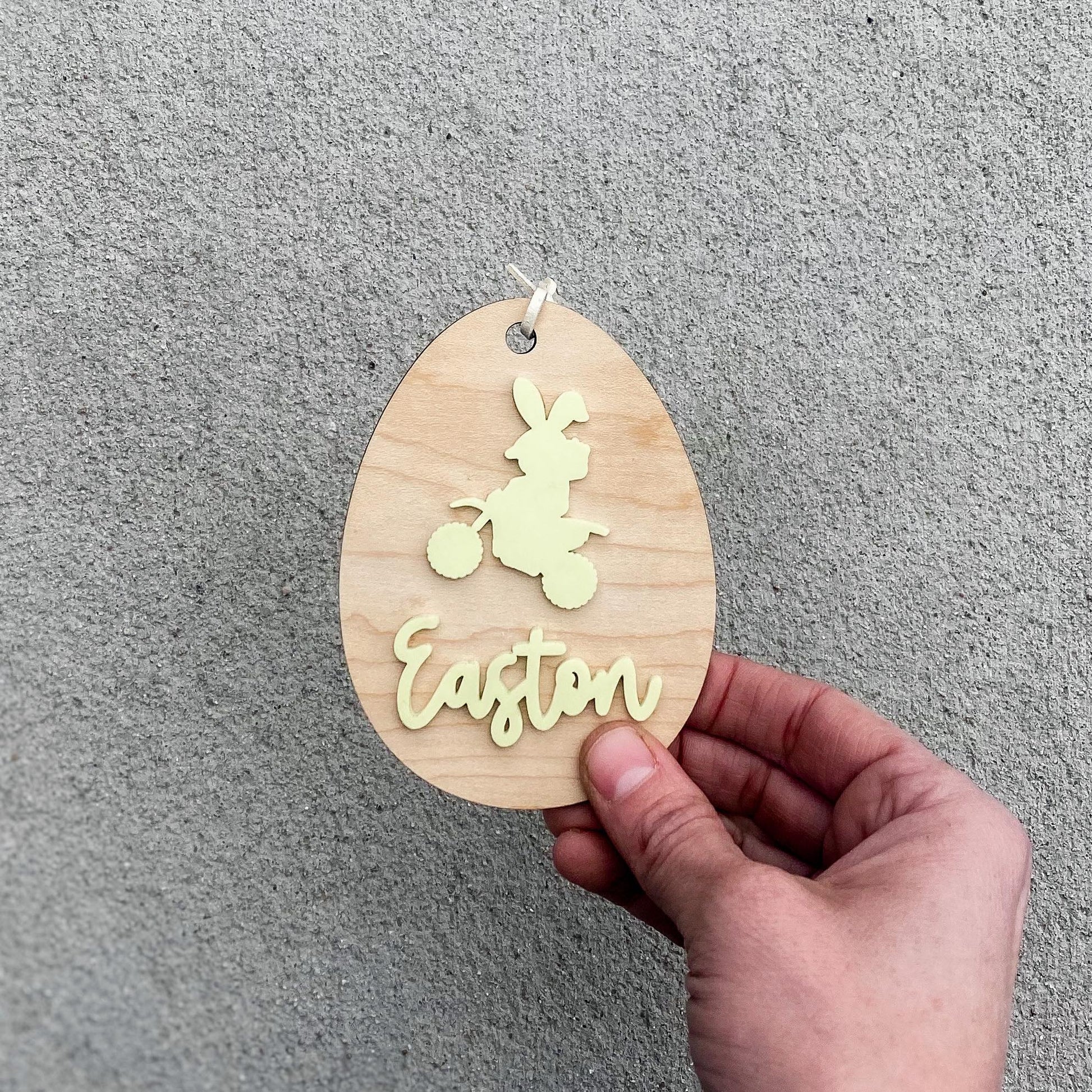 Dirt bike Easter basket name tag in maple wood with engraved child's name