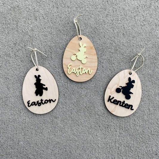 Personalized maple wood dirt bike Easter basket tag with custom name, motocross Easter gift