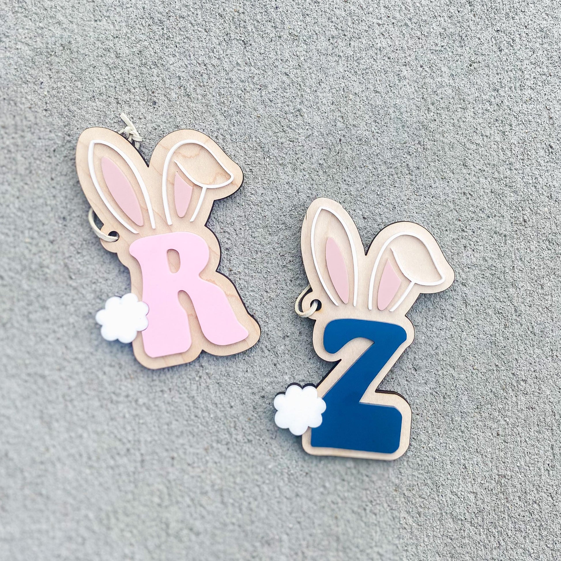 Personalized initial Easter bunny basket tag in maple wood with child's first initial