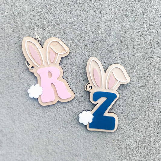 Personalized initial Easter bunny basket tag in maple wood with child's first initial