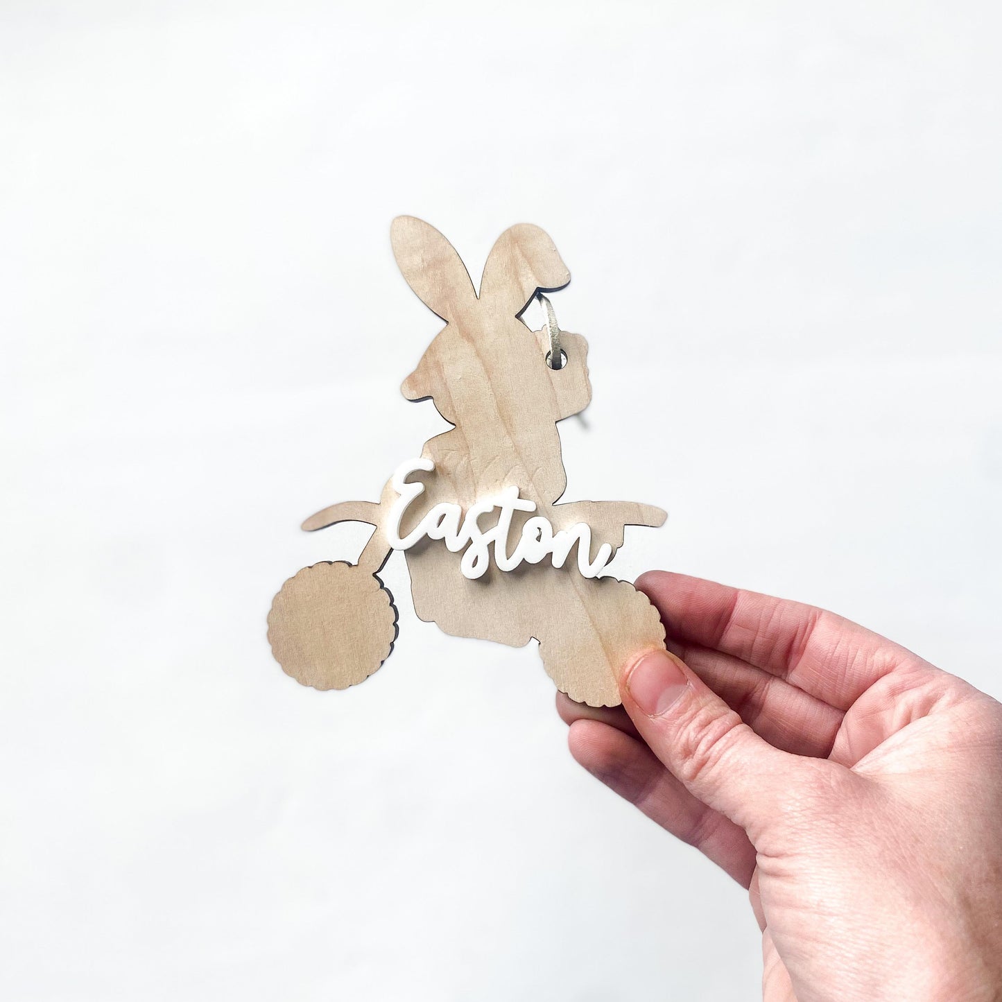 Personalized dirt bike bunny Easter basket tag in maple wood with custom child's name