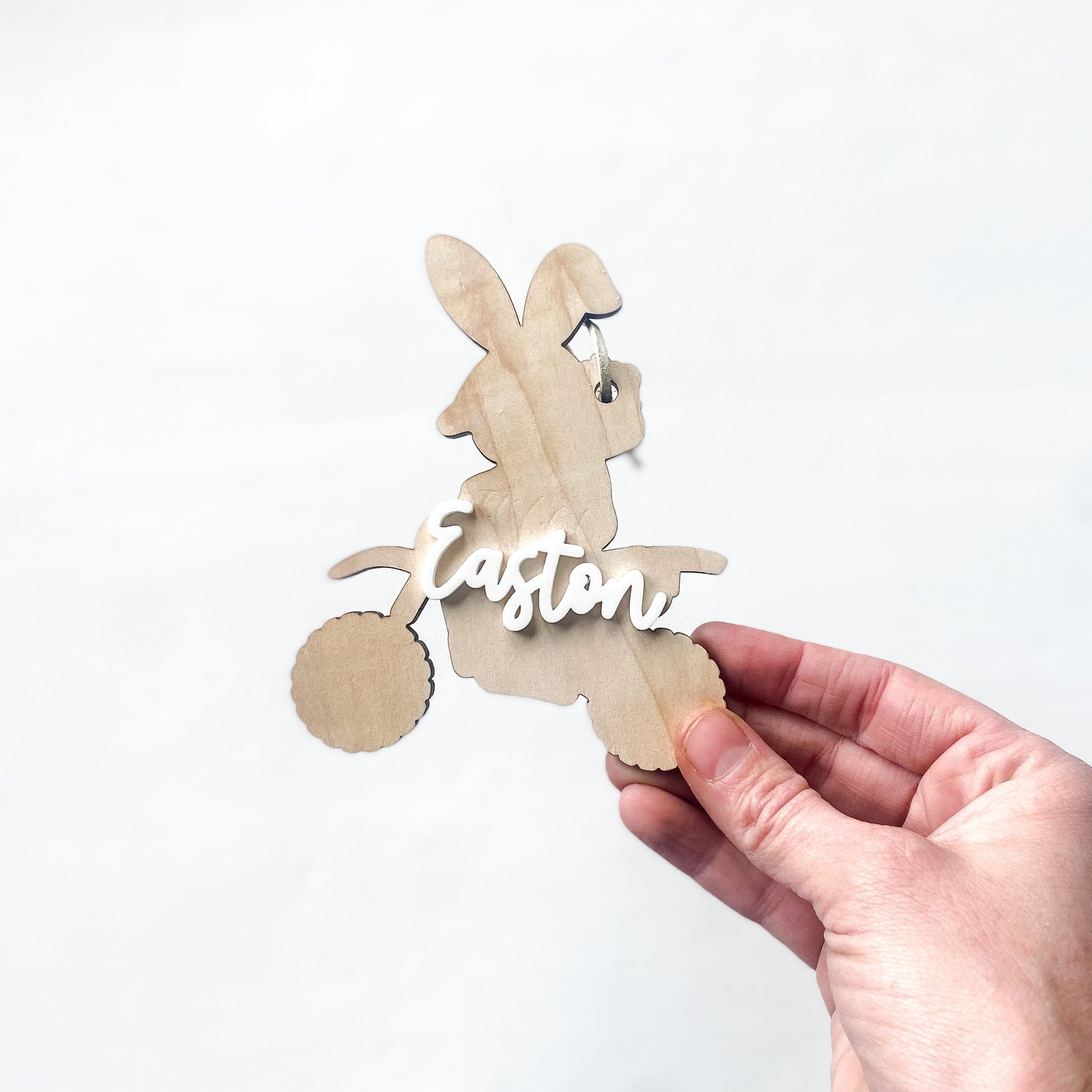 Personalized dirt bike bunny Easter basket tag in maple wood with custom child's name