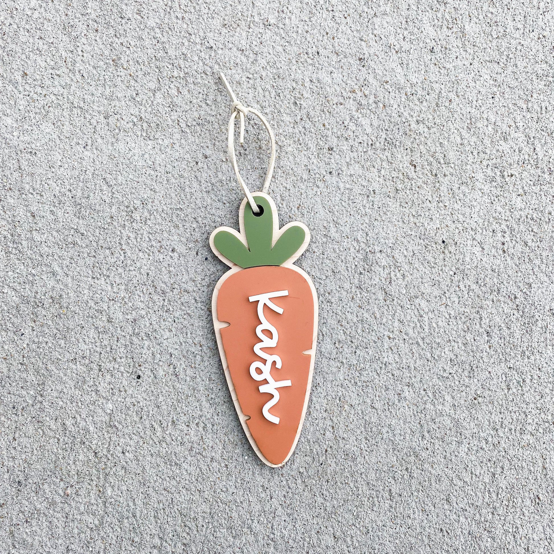 Carrot-shaped maple wood Easter basket name tag with engraved child's name