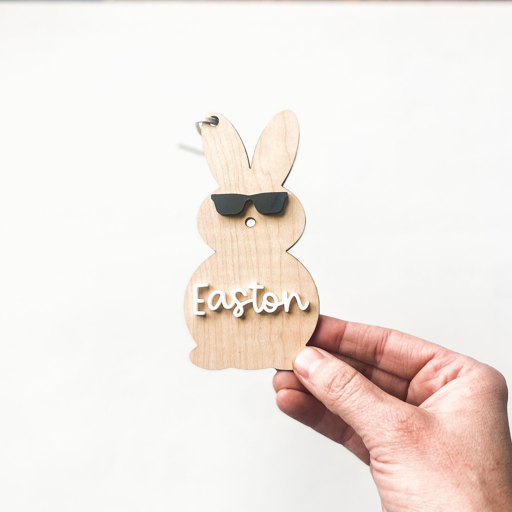 Personalized cool bunny Easter basket tag in maple wood with custom name