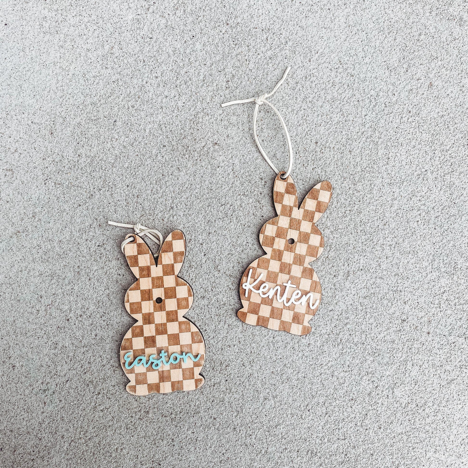 Personalized checker bunny Easter basket tag in maple wood with custom name