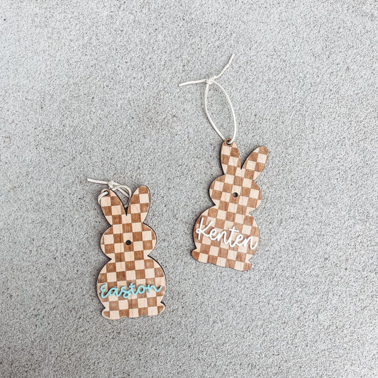 Personalized checker bunny Easter basket tag in maple wood with custom name