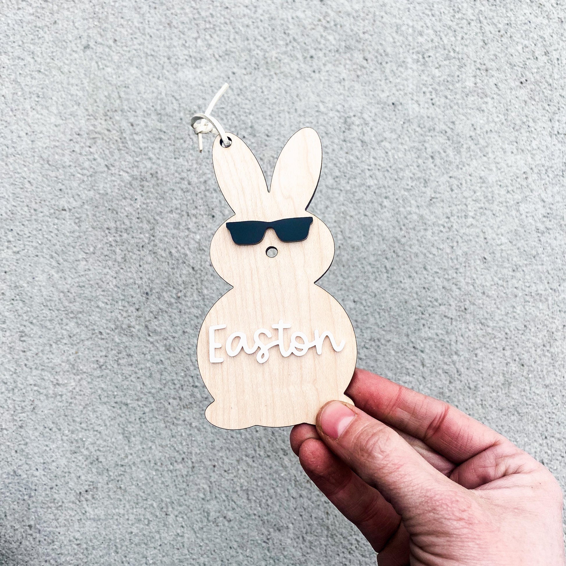 Cool bunny maple wood Easter name tag with engraved child's name