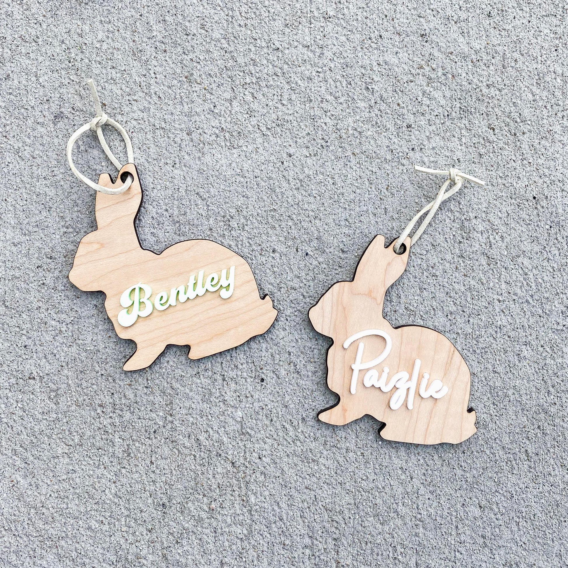 Personalized classic bunny Easter basket tag in maple wood with custom name