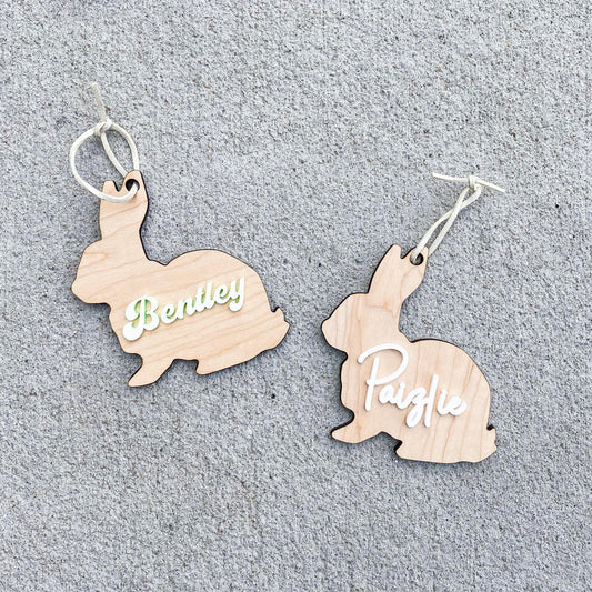 Personalized classic bunny Easter basket tag in maple wood with custom name
