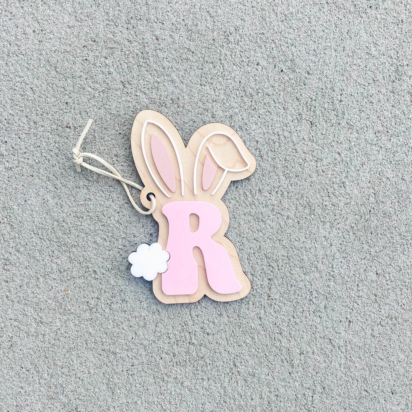 Easter bunny initial wood basket tag with engraved letter and bunny motif