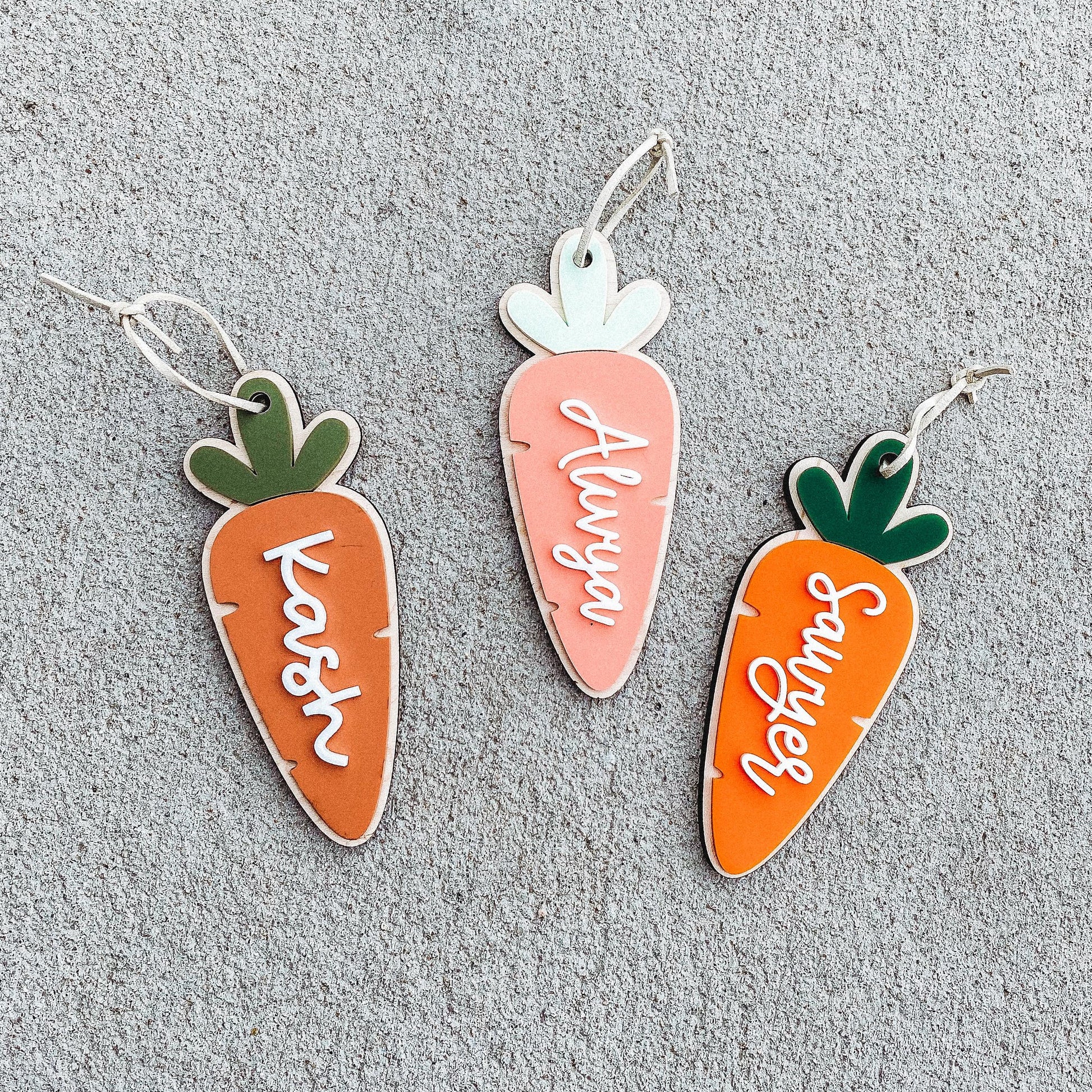 Personalized carrot Easter basket tag in maple wood with custom name for kids