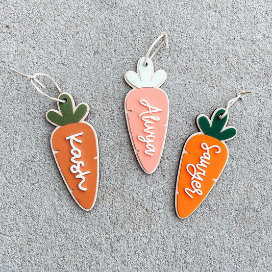 Personalized carrot Easter basket tag in maple wood with custom name for kids