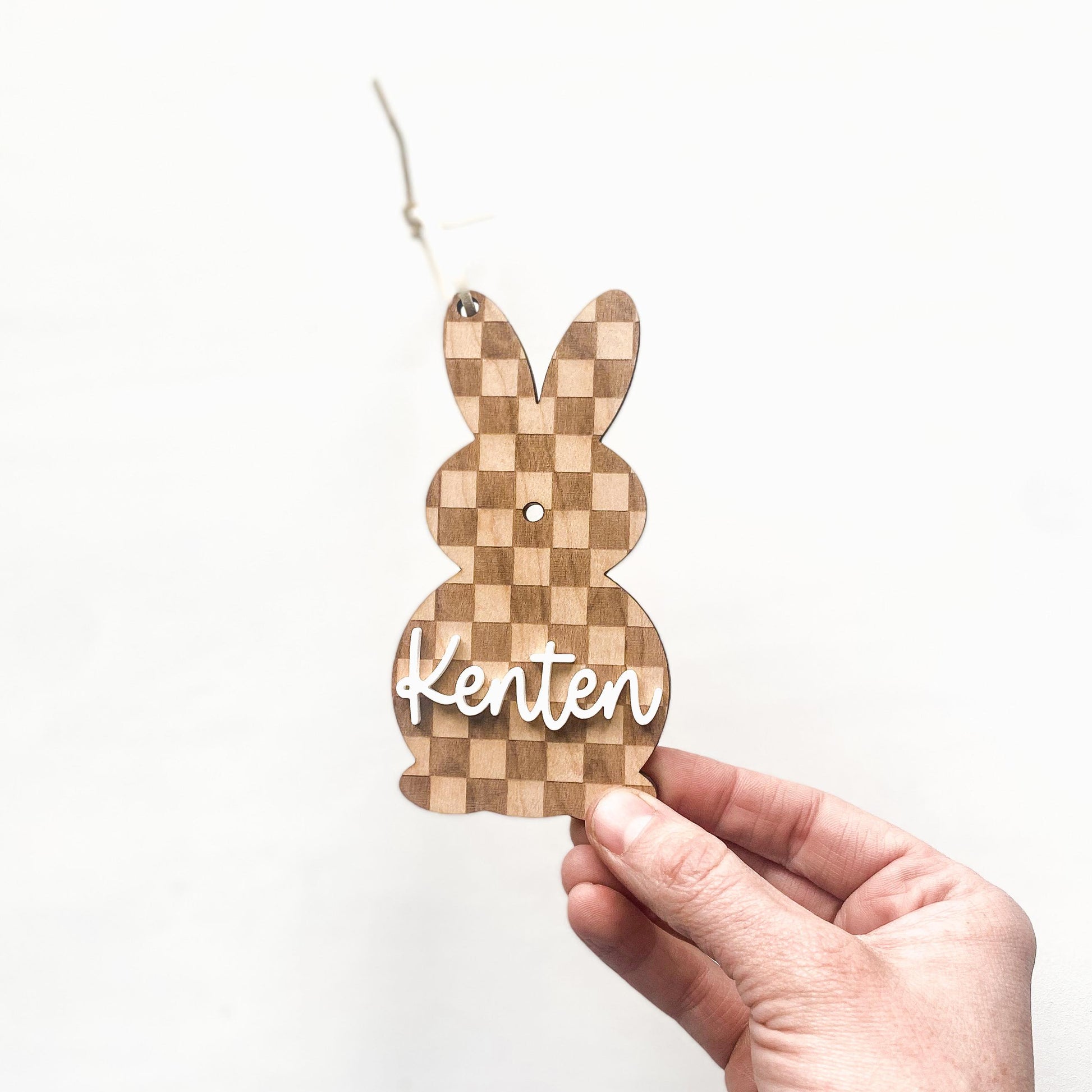 Checker pattern bunny Easter basket name tag engraved with child's name